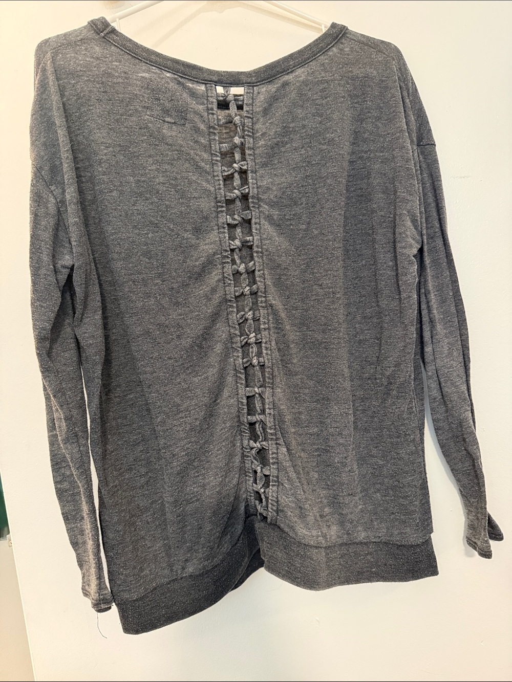 Gray Long-Sleeve Knit Top with Back Ladder Detail